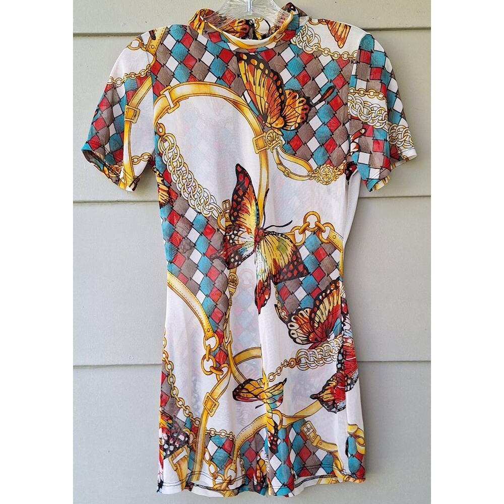 Vintage inc USA Y2K Mesh Sheer Romper Butterflies Chains Fits Size S  Festival